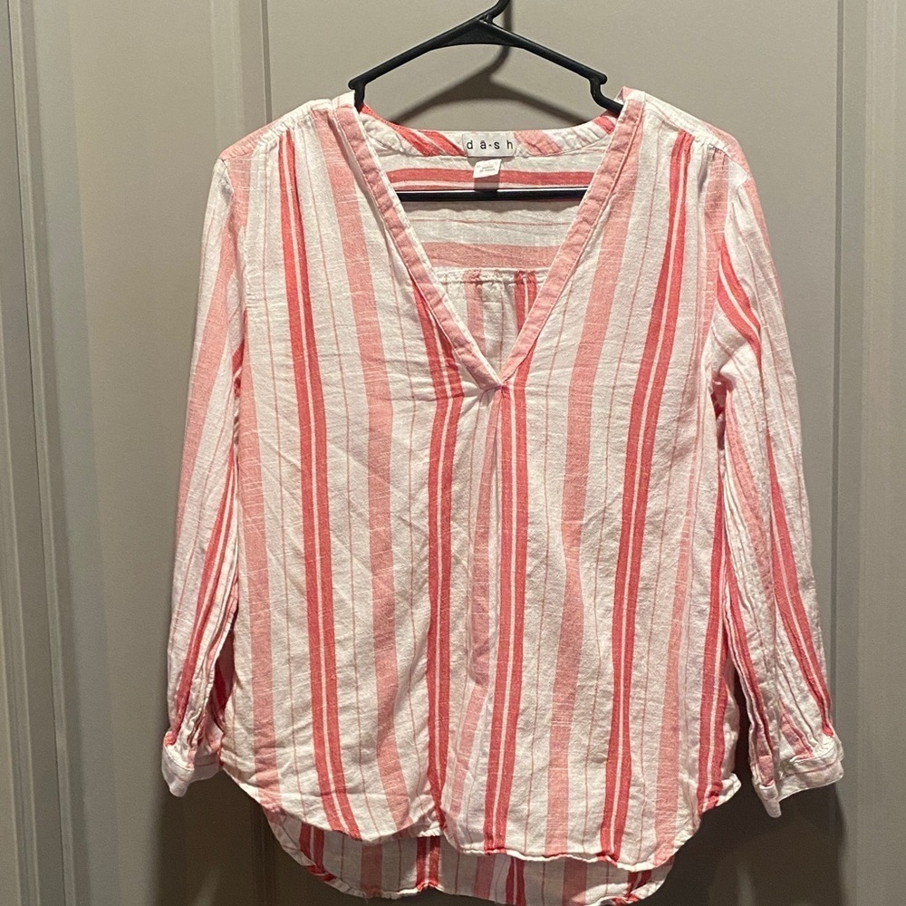 Coral White Striped Tunic Cotton V Neck Lightweight Beachy Casual Top L